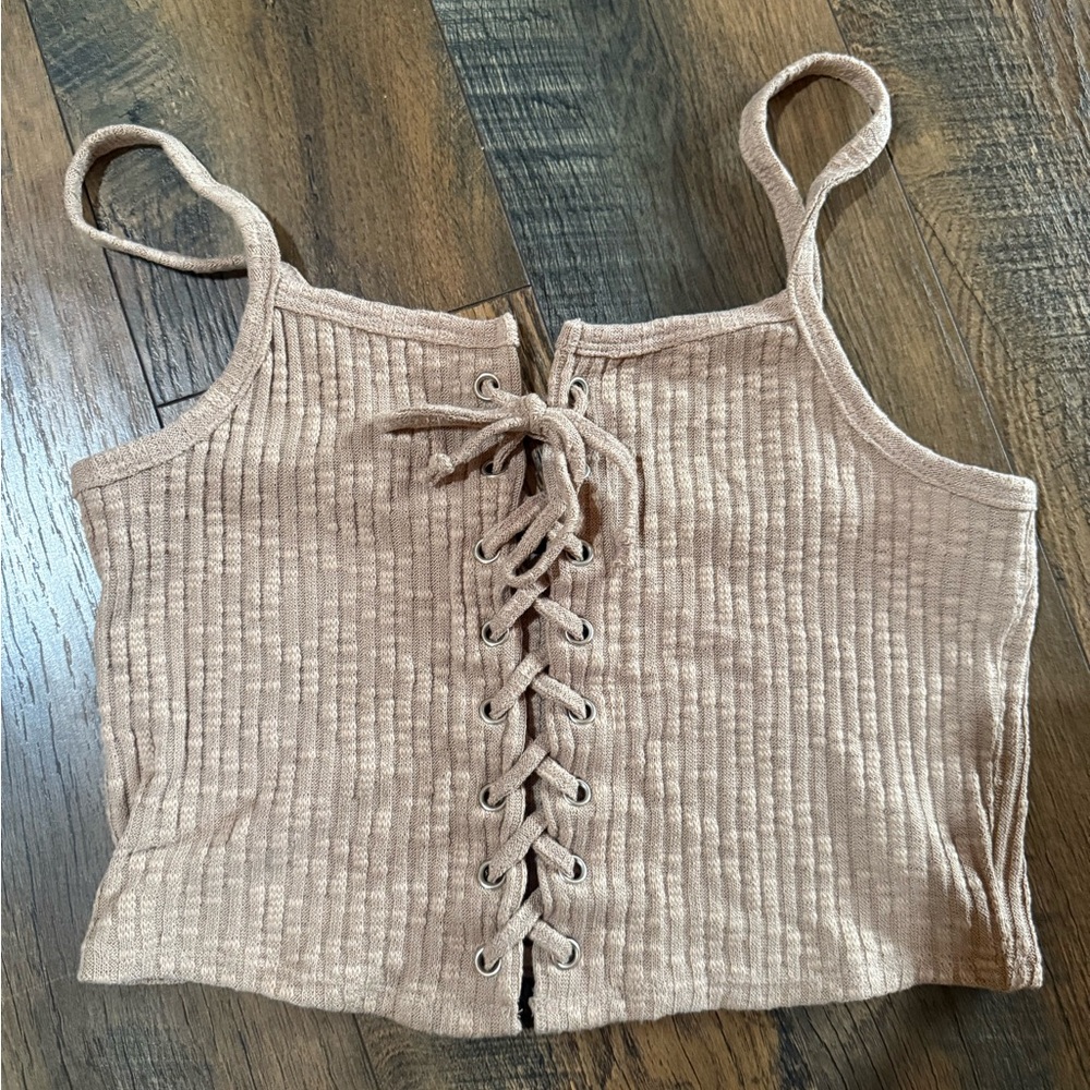 Forever 21 Tan Ribbed Tie Front Crop Top